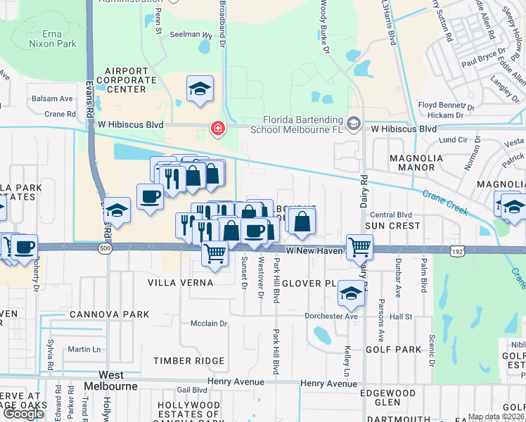 map of restaurants, bars, coffee shops, grocery stores, and more near 51 Piney Branch Way in Melbourne