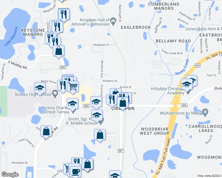 map of restaurants, bars, coffee shops, grocery stores, and more near 14517 Spivey Drive in Tampa
