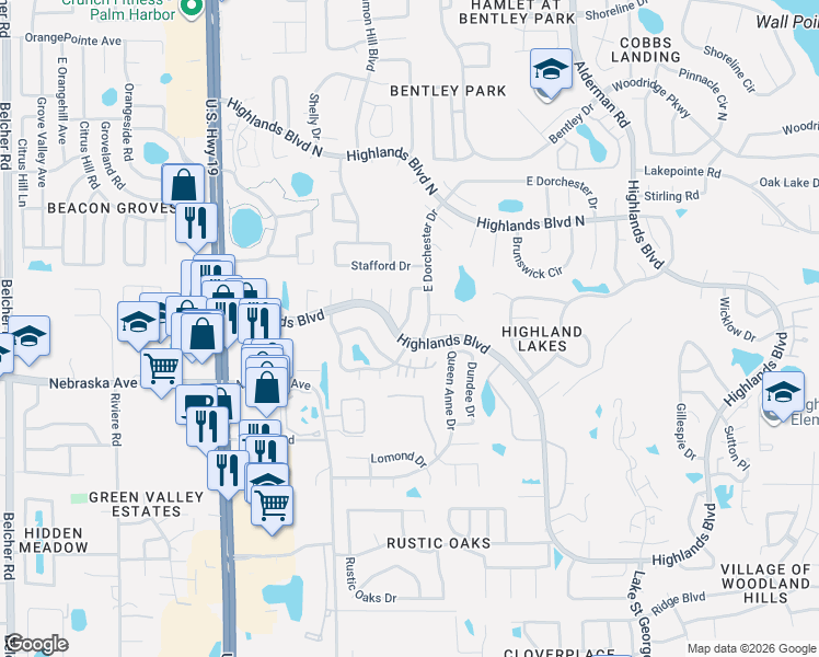 map of restaurants, bars, coffee shops, grocery stores, and more near 1616 Heather Place in Palm Harbor