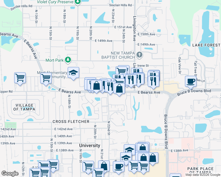 map of restaurants, bars, coffee shops, grocery stores, and more near 14721 Banyan Bluff Drive in Tampa