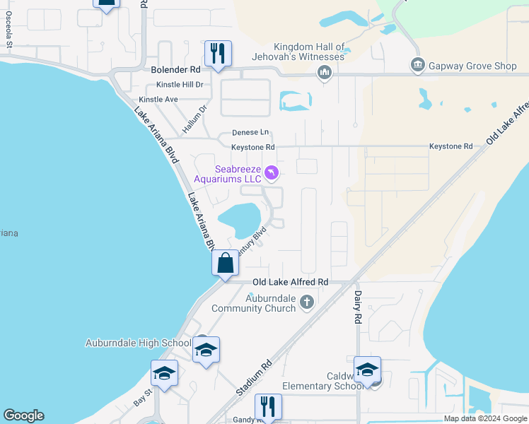 map of restaurants, bars, coffee shops, grocery stores, and more near 409 Century Boulevard in Auburndale