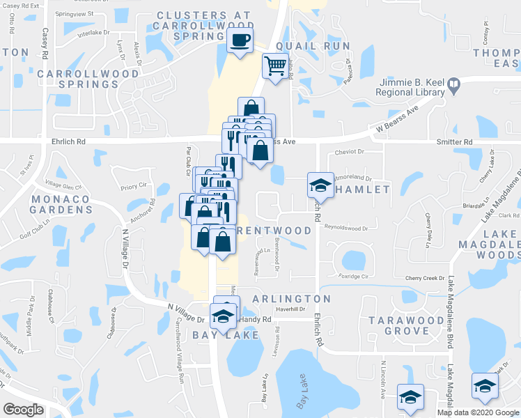 map of restaurants, bars, coffee shops, grocery stores, and more near 3730 Thornwood Drive in Tampa