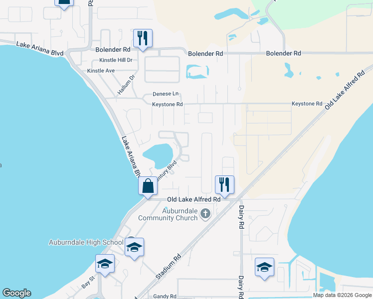 map of restaurants, bars, coffee shops, grocery stores, and more near 420 Century Boulevard in Auburndale