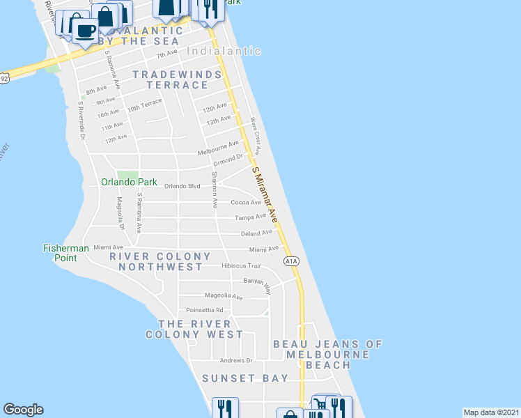 map of restaurants, bars, coffee shops, grocery stores, and more near 100 Tampa Avenue in Indialantic