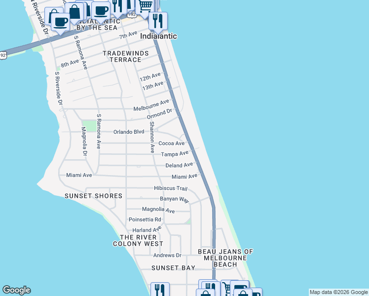 map of restaurants, bars, coffee shops, grocery stores, and more near 1318 Florida A1A in Indialantic