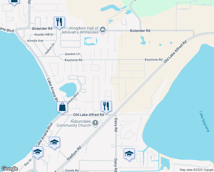 map of restaurants, bars, coffee shops, grocery stores, and more near 1329 Arrowhead Court in Auburndale