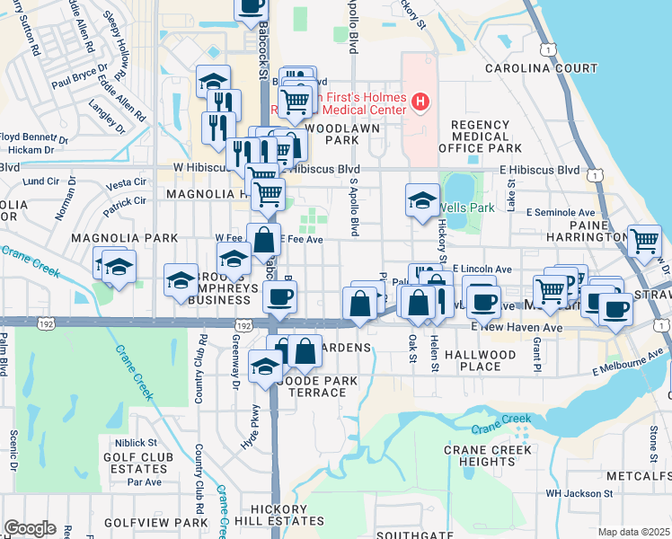 map of restaurants, bars, coffee shops, grocery stores, and more near 1710 Platt Street in Melbourne