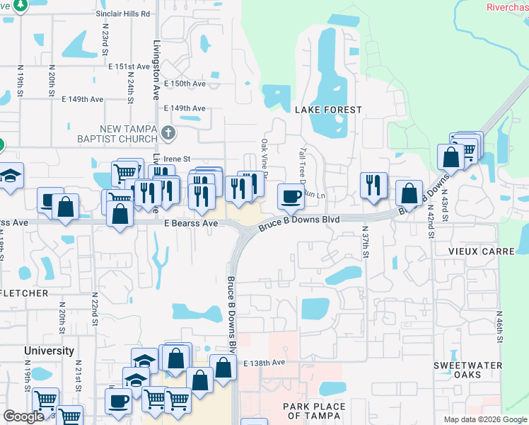map of restaurants, bars, coffee shops, grocery stores, and more near 4 Deer Cove Lane in Lutz