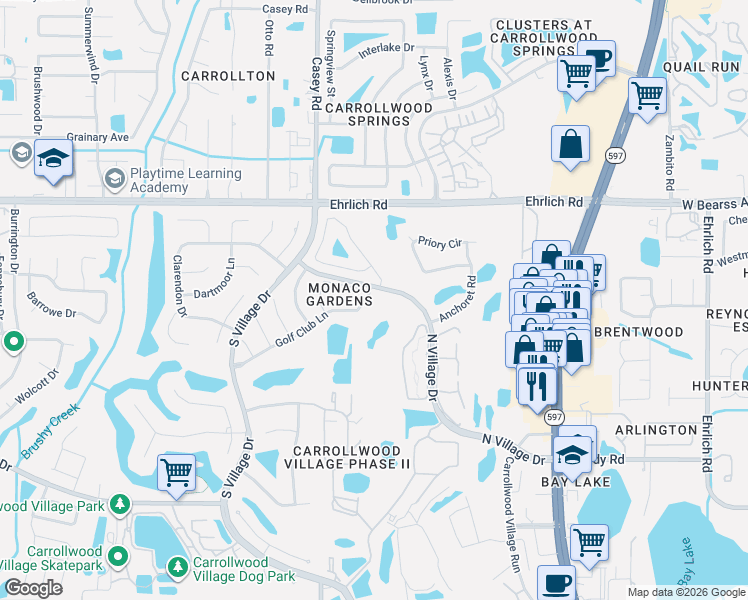 map of restaurants, bars, coffee shops, grocery stores, and more near in Greater Carrollwood