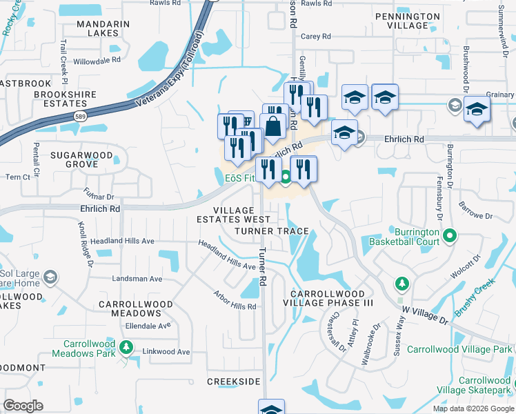 map of restaurants, bars, coffee shops, grocery stores, and more near 14525 Wessex Street in Tampa