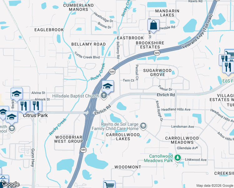 map of restaurants, bars, coffee shops, grocery stores, and more near 14720 Bellamy Road in Tampa