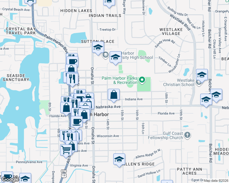 map of restaurants, bars, coffee shops, grocery stores, and more near 1428 Columbia Avenue in Palm Harbor