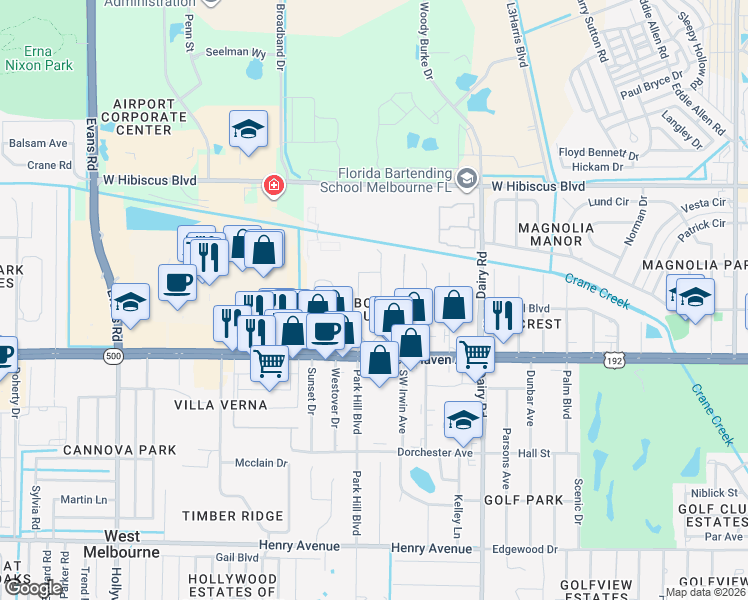 map of restaurants, bars, coffee shops, grocery stores, and more near 172 West Court in Melbourne