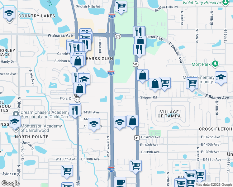 map of restaurants, bars, coffee shops, grocery stores, and more near 838 Walker Drive in Tampa