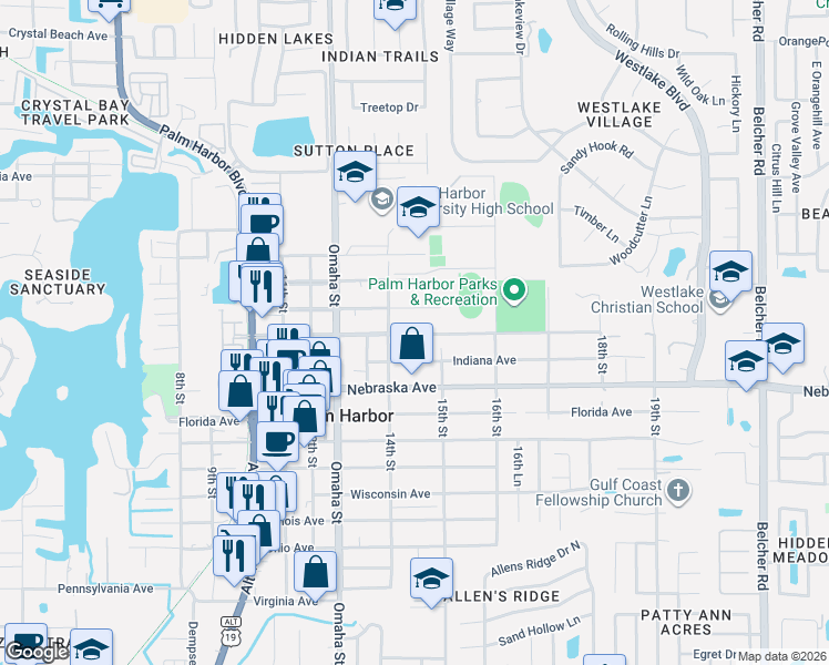 map of restaurants, bars, coffee shops, grocery stores, and more near 1428 Columbia Avenue in Palm Harbor