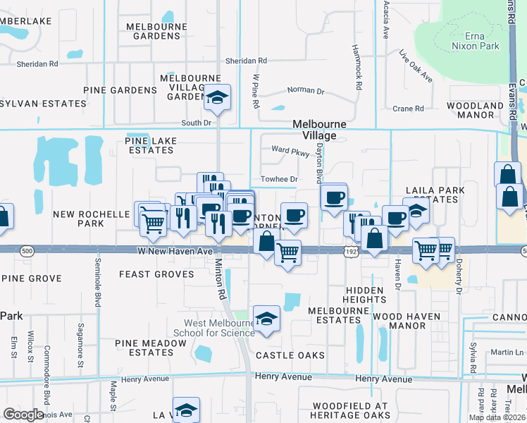 map of restaurants, bars, coffee shops, grocery stores, and more near 230 Pine Street in West Melbourne