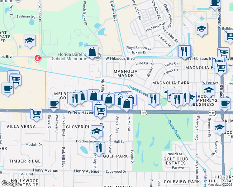 map of restaurants, bars, coffee shops, grocery stores, and more near 1812 Poinsetta Boulevard in Melbourne
