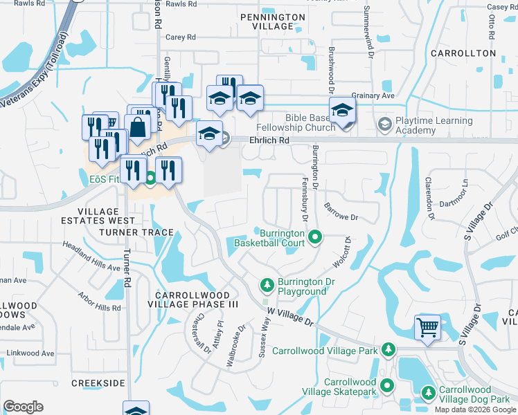 map of restaurants, bars, coffee shops, grocery stores, and more near 14143 Fennsbury Drive in Tampa
