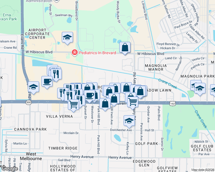 map of restaurants, bars, coffee shops, grocery stores, and more near 175 Northwest Irwin Avenue in Melbourne