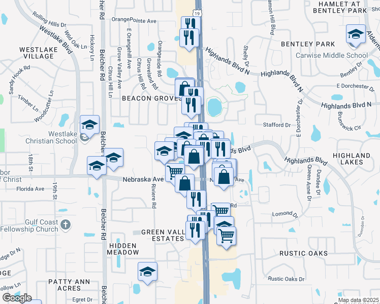 map of restaurants, bars, coffee shops, grocery stores, and more near 34080 US Highway 19 North in Palm Harbor