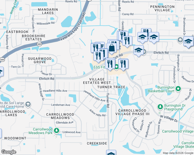 map of restaurants, bars, coffee shops, grocery stores, and more near 5021 Oakshire Drive in Tampa