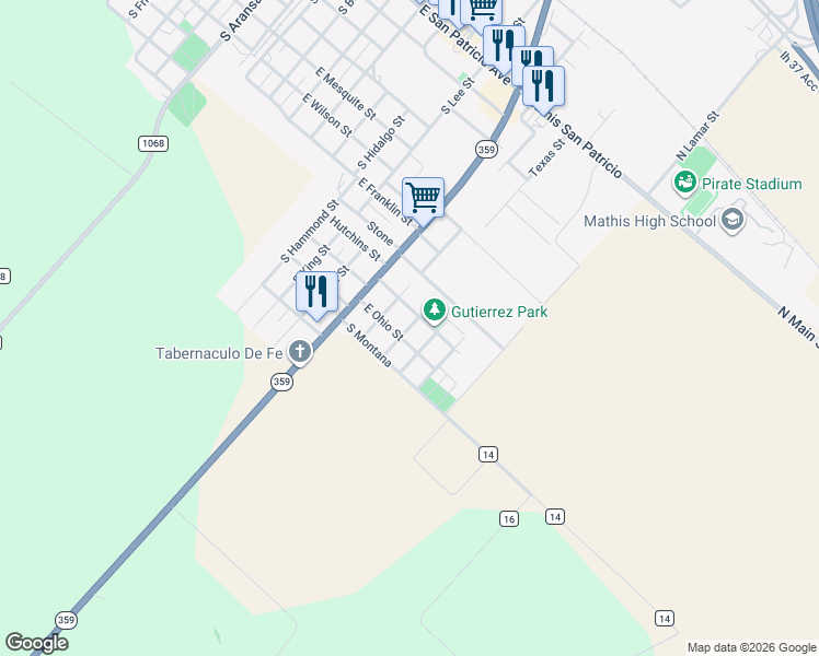 map of restaurants, bars, coffee shops, grocery stores, and more near 1018 East Iowa Street in Mathis