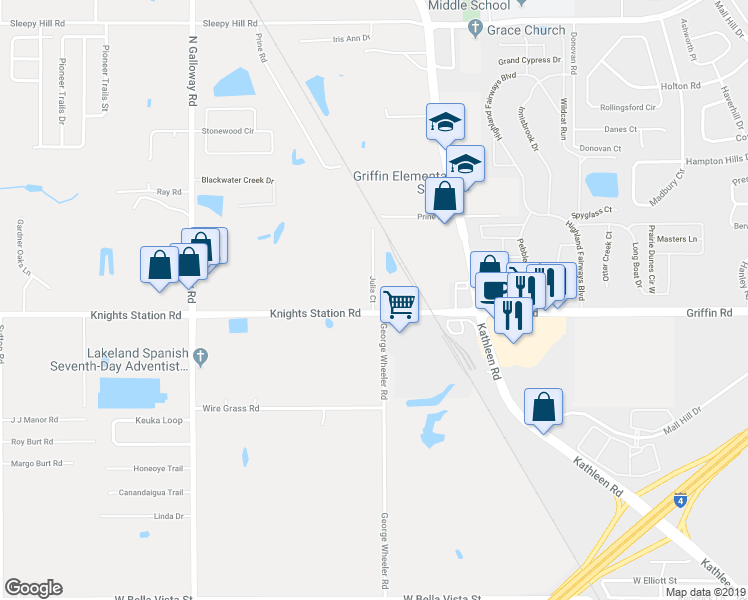 map of restaurants, bars, coffee shops, grocery stores, and more near 3122 Julia Court in Lakeland