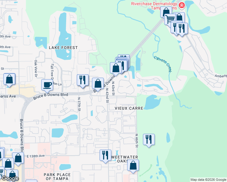 map of restaurants, bars, coffee shops, grocery stores, and more near 14617 North 43rd Street in Tampa