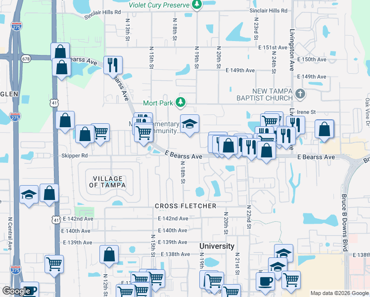 map of restaurants, bars, coffee shops, grocery stores, and more near 1806 E Bearss Ave in Tampa