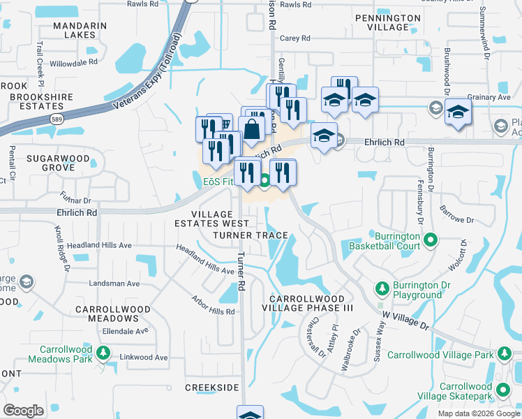 map of restaurants, bars, coffee shops, grocery stores, and more near 14223 Wellesly Drive in Tampa