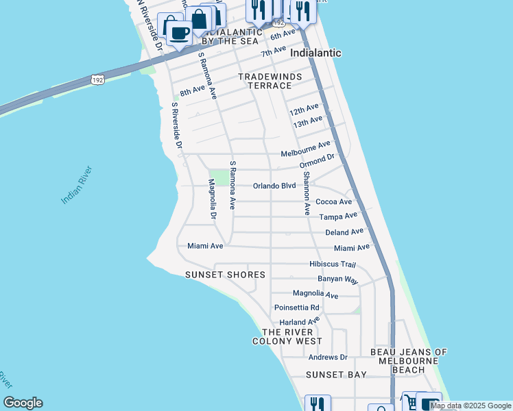 map of restaurants, bars, coffee shops, grocery stores, and more near 320 Cocoa Avenue in Indialantic