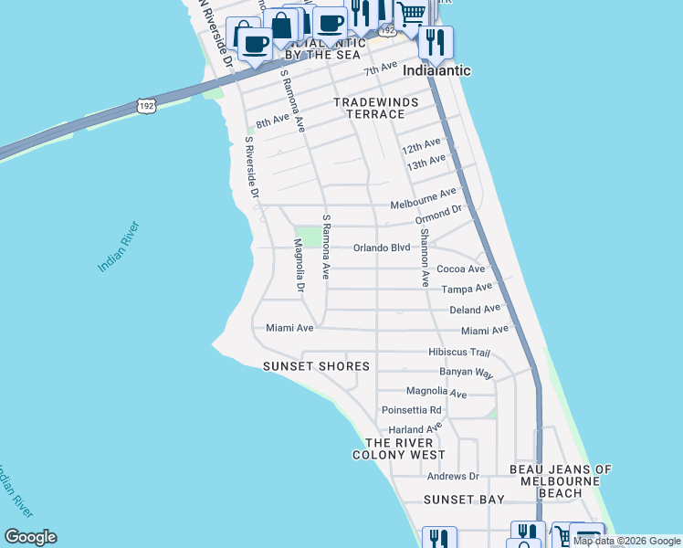 map of restaurants, bars, coffee shops, grocery stores, and more near 320 Cocoa Avenue in Indialantic