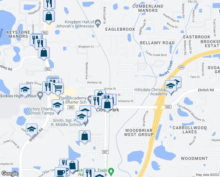 map of restaurants, bars, coffee shops, grocery stores, and more near 7598 Alvina Street in Tampa