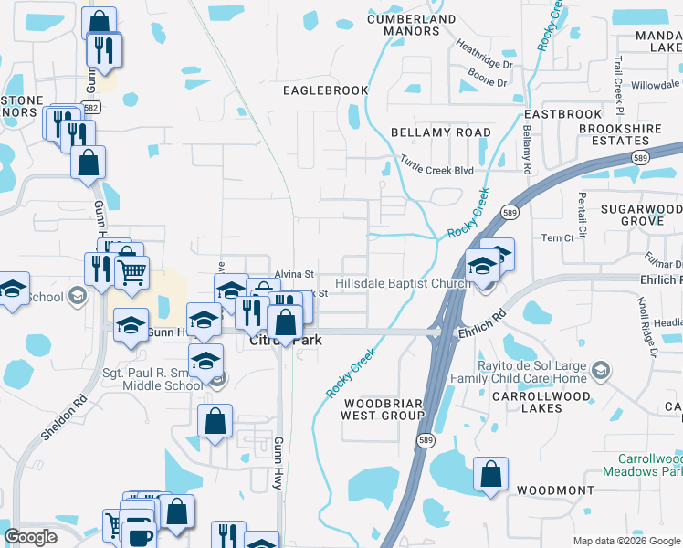 map of restaurants, bars, coffee shops, grocery stores, and more near 7405 Alvina Street in Tampa