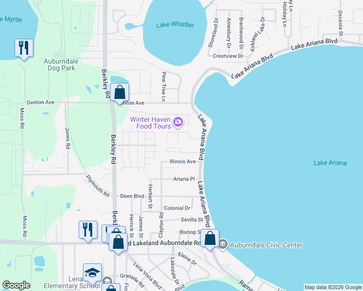 map of restaurants, bars, coffee shops, grocery stores, and more near 534 Amber Court in Auburndale