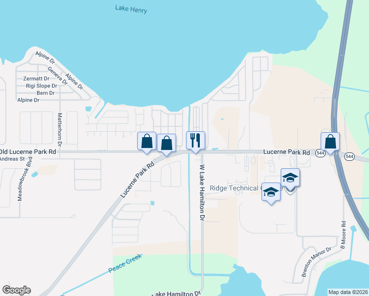 map of restaurants, bars, coffee shops, grocery stores, and more near 6765 Brentwood Drive Northeast in Winter Haven