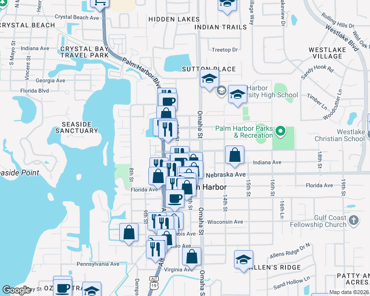 map of restaurants, bars, coffee shops, grocery stores, and more near 1115 Pennsylvania Avenue in Palm Harbor
