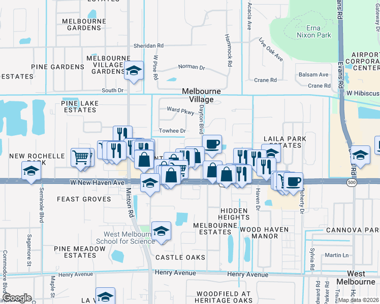 map of restaurants, bars, coffee shops, grocery stores, and more near 2836 Coleman Court in Melbourne Village