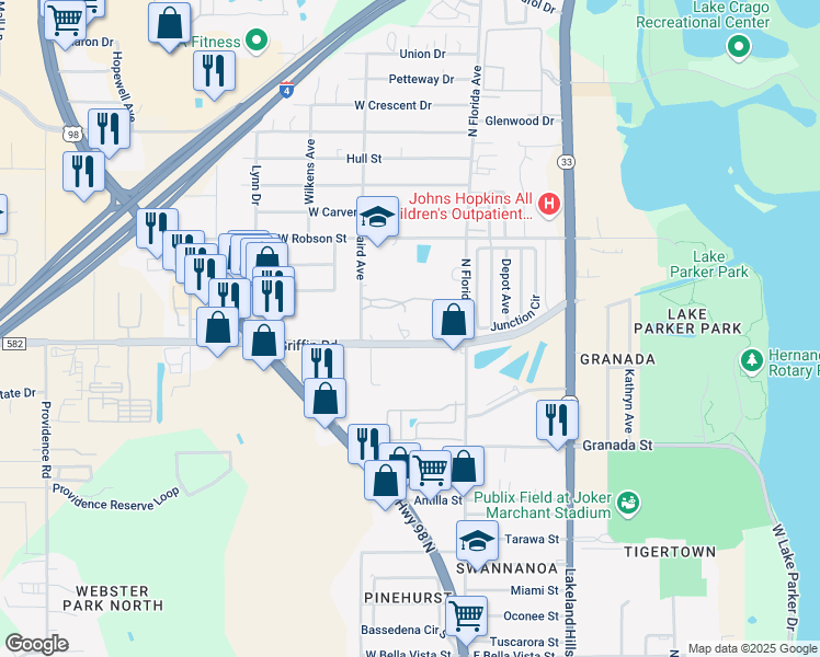map of restaurants, bars, coffee shops, grocery stores, and more near 407 Griffin Road in Lakeland