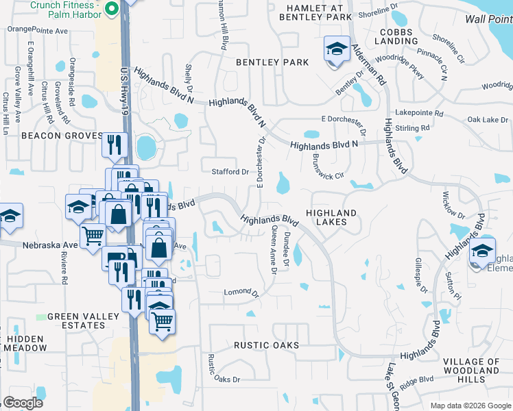 map of restaurants, bars, coffee shops, grocery stores, and more near 2905 Kenmore Place in Palm Harbor