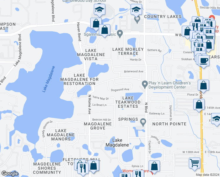 map of restaurants, bars, coffee shops, grocery stores, and more near 1125 Dogwood Avenue in Tampa