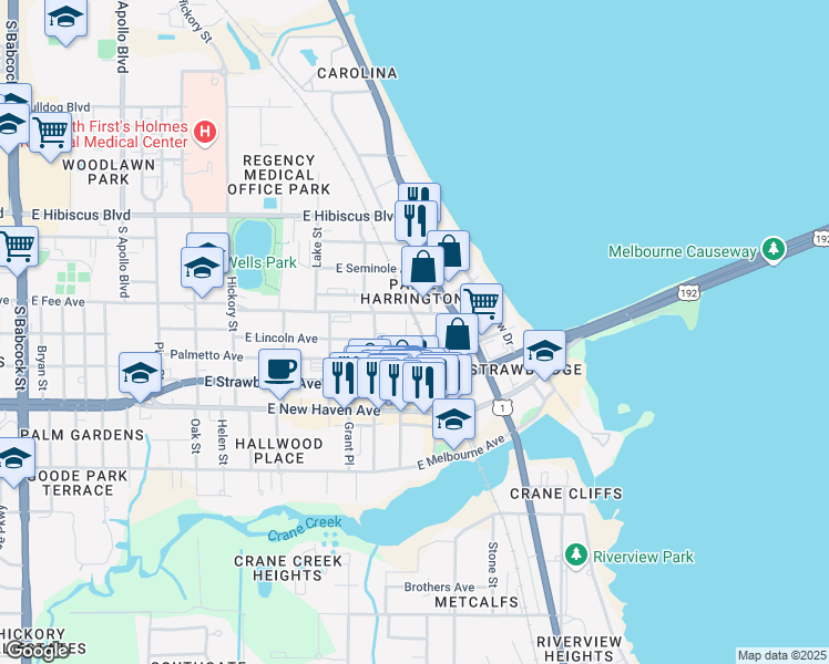 map of restaurants, bars, coffee shops, grocery stores, and more near 815 East Fee Avenue in Melbourne