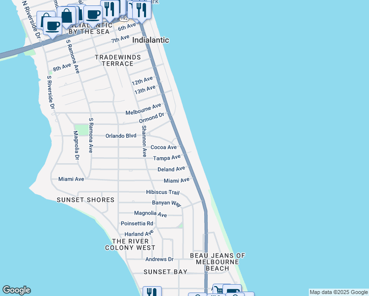 map of restaurants, bars, coffee shops, grocery stores, and more near 1441 South Miramar Avenue in Indialantic