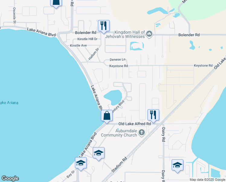 map of restaurants, bars, coffee shops, grocery stores, and more near 125 Rebecca Lane in Auburndale