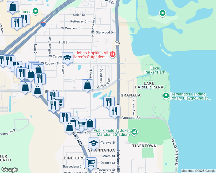 map of restaurants, bars, coffee shops, grocery stores, and more near 3006 Junction Circle in Lakeland