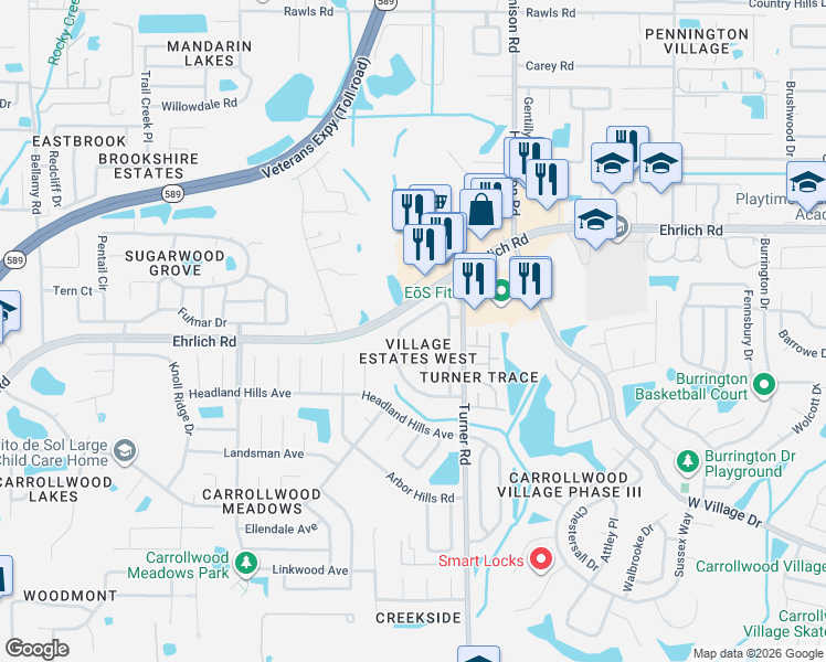 map of restaurants, bars, coffee shops, grocery stores, and more near 5021 Oakshire Drive in Tampa