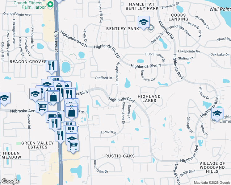 map of restaurants, bars, coffee shops, grocery stores, and more near 2905 Kenmore Place in Palm Harbor