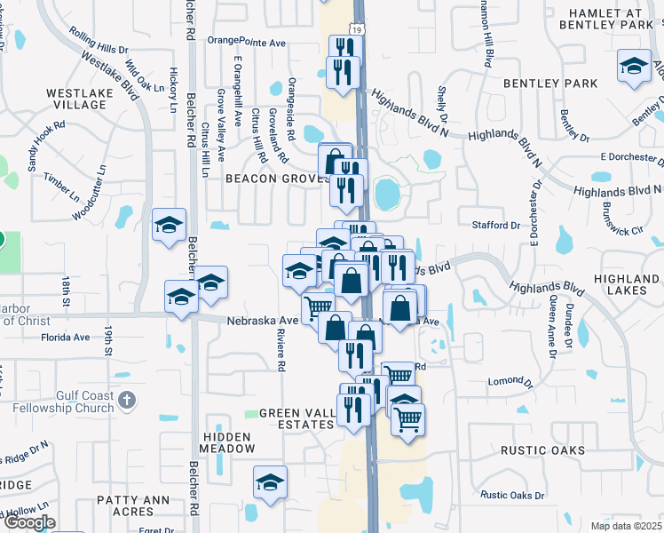map of restaurants, bars, coffee shops, grocery stores, and more near 34080 US Highway 19 North in Palm Harbor