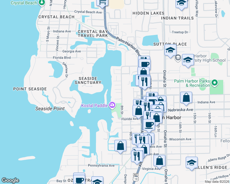 map of restaurants, bars, coffee shops, grocery stores, and more near 800 Columbia Avenue in Palm Harbor