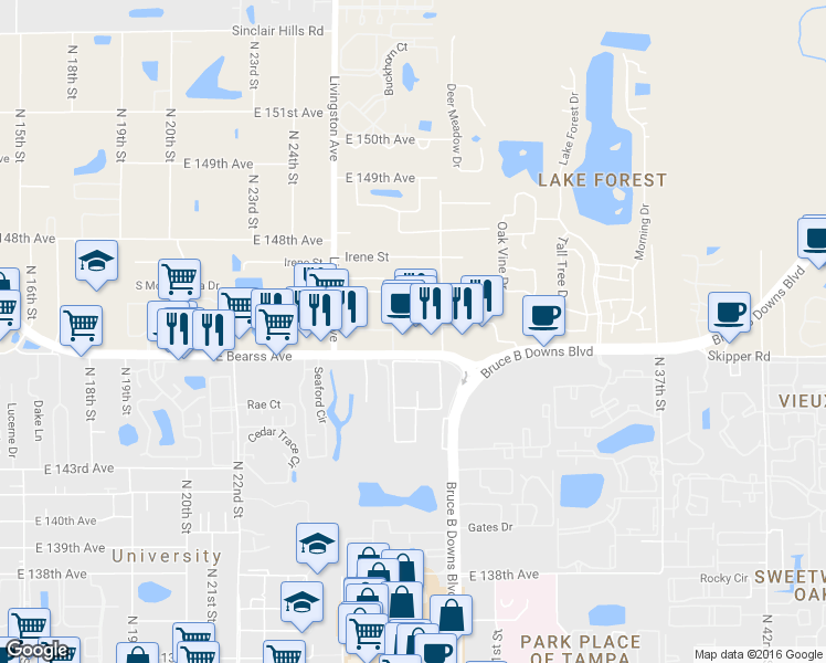 map of restaurants, bars, coffee shops, grocery stores, and more near 2999 Network Place in Lutz